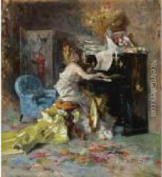 Signora Al Pianoforte (woman At A Piano) Oil Painting - Giovanni Boldini