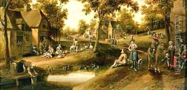 A Village Scene with Peasants on Banks of a Stream Oil Painting - Cornelius Droochsloot