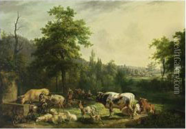 A Wooded Landscape With Shepherds Watering Their Herd Near A Well Oil Painting - Peter Paul Joseph Noel