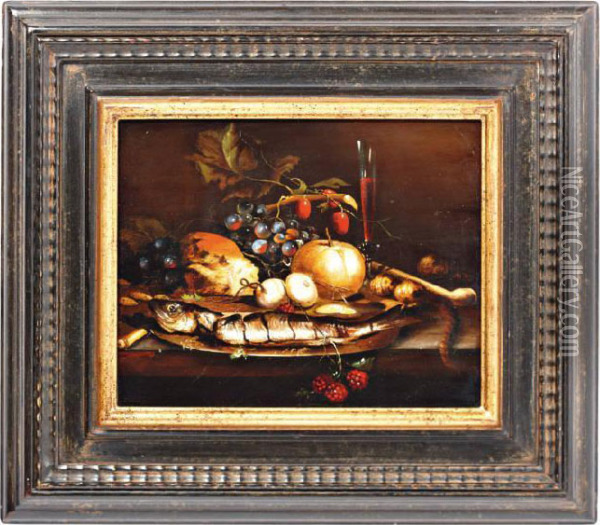 Stilleven Met Makreel En Druiven Oil Painting - Abraham Mignon