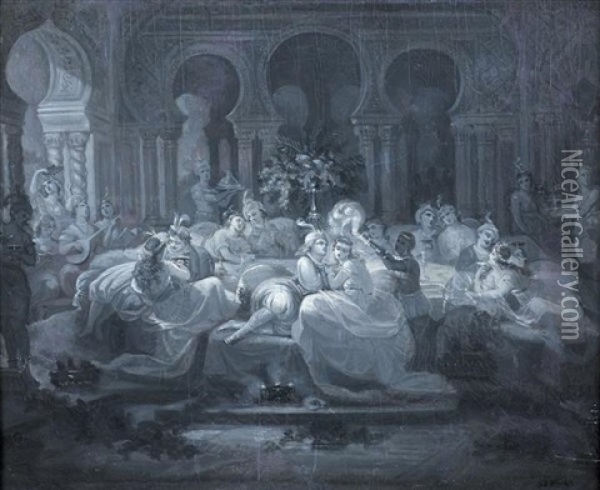 Le Banquet Oriental Oil Painting - Achille Jacques Jean Marie Deveria