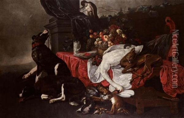 Natura Morta Con Frutta, Selvaggina, Due Cani, Pappagallo E Scimmia Oil Painting - Frans Snyders