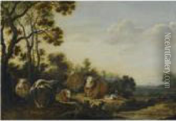 Landscape With Cattle And Ducks By A Stream Oil Painting - Gillis Claesz De Hondecoeter