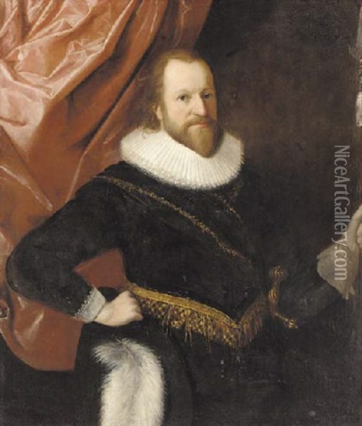 Portrait Of A Gentleman In A Black Doublet Trimmed With Gold And A Ruff, Holding A Pyke Oil Painting - Michiel Janszoon van Mierevelt