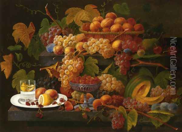 Fruit and Lemon Water Oil Painting - Severin Roesen