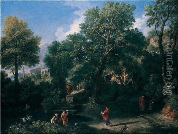 An Arcadian Landscape With Figures Bathing By A Pool, A Classical Temple Beyond Oil Painting - Jan Frans Van Bloemen (Orizzonte)