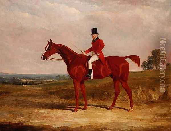Sir Hugh Hamilton Mortimer, Master of the Old Surrey Foxhounds, on a chestnut hunter in an extensive landscape Oil Painting - John Frederick Herring Snr
