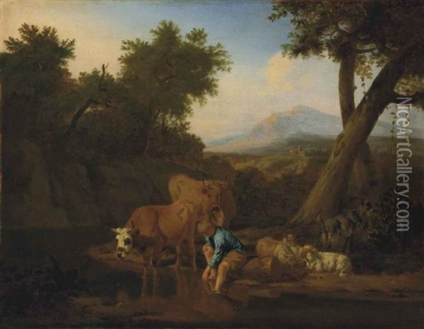 A Wooded, River Landscape With Cattle Watering And A Shepherd Resting, Mountains Beyond Oil Painting - Adriaen Van De Velde