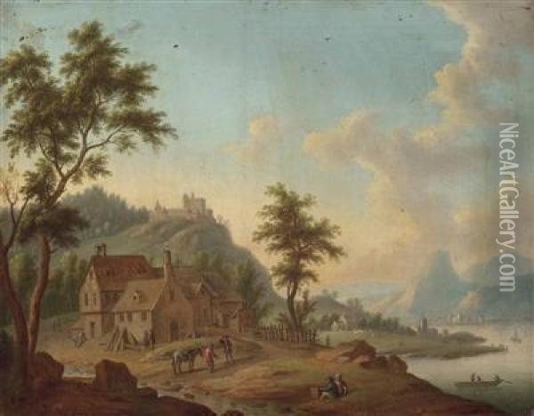 Flusslandschaft Mit Hochgelegener Burg Und Figurlicher Staffage Oil Painting - Christian Georg Schuttz II