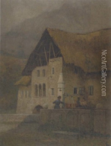 Tiroler Dorfansicht Mit Frauen Am Brunnen Oil Painting - Hugo Charlemont