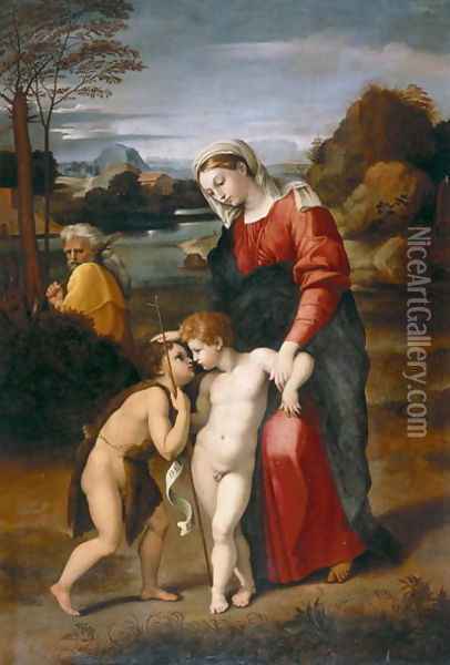 Holy Family with the infant St. John the Baptist Oil Painting - Raphael (Raffaello Sanzio of Urbino)