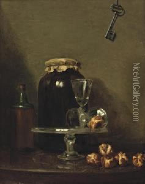 Two Wine Glasses On A Glass Dish, Rolls Of Bread, A Glass Vessel And A Bottle On A Stone Ledge, A Key Hanging From A Wall Above Oil Painting - Henri-Horace Roland de la Porte