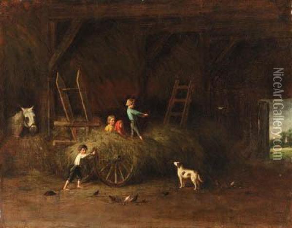 Children At Play In A Barn Oil Painting - Platt Powell Ryder