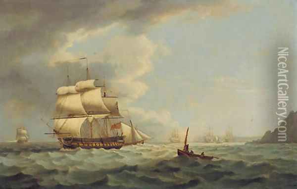 A thirty-eight gun frigate and other men-o'war leaving Torbay Oil Painting - Thomas Luny