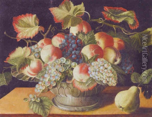 Peaches And Grapes In A Bowl With A Pear On A Stone Ledge Oil Painting - Carlo Francesco Nuvolone