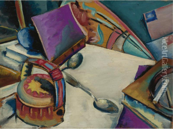 Tabletop Still Life: Books And Teapot Oil Painting - Preston Dickinson