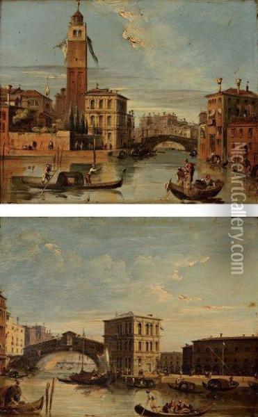 Venise Vue De San Geremia Et L'entree Du Cannaregio, Venise Vue Du Rialto Oil Painting - Carlo Grubacs