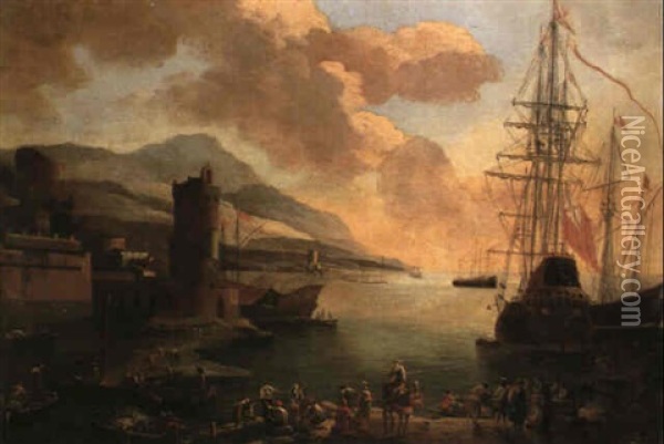 Mediterranean Port Scene Oil Painting - Adriaen Van Der Cabel