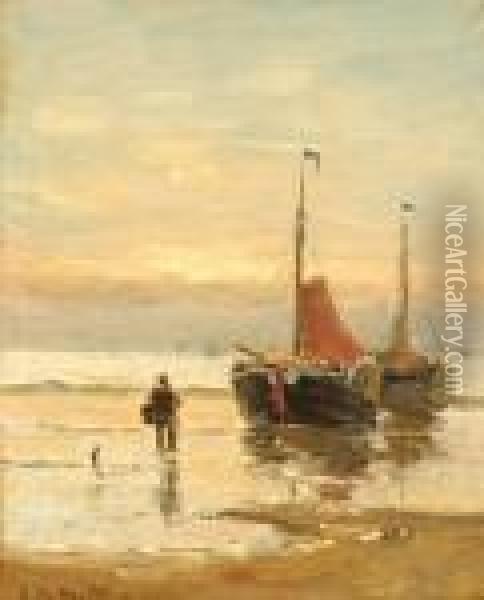 A Fisherman By Two Boats On The Beach Oil Painting - Gerhard Arij Ludwig Morgenstje Munthe