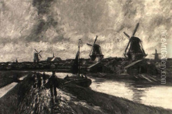 Eine Hollandische Kleinstadt Mit Windmuhlen Und Einem Fischerboot Oil Painting - Helmuth Liesegang