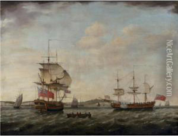 British 6th Rate Man Of War Off Dover Oil Painting - Francis Holman