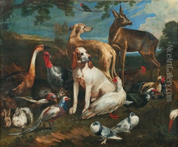 Chien Et Chevreuil Entoures D'animaux De Basse-cour Oil Painting - Giovanni Benedetto Castiglione