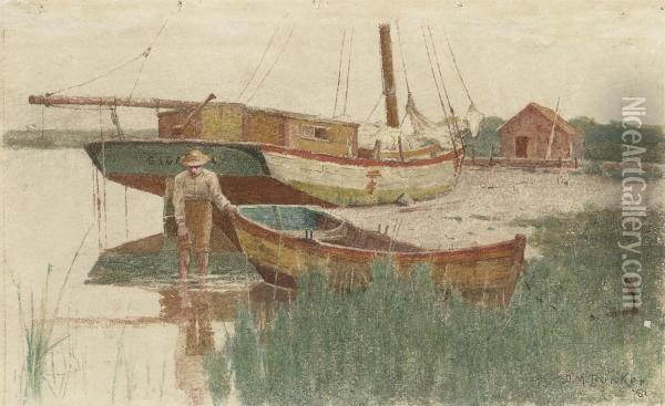 Boy With Rowboat Oil Painting - Dennis Miller Bunker