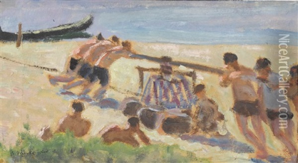 Belebte Strandpartie Oil Painting - Wladimir G. Krikhatzkij
