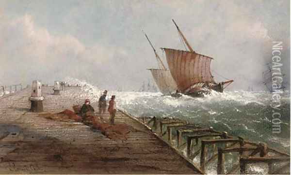 A breezy day at the harbour mouth, Yarmouth Oil Painting - John Connell Ogle