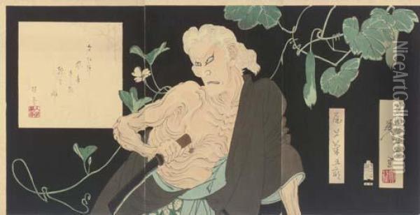 Onoe Kikugoro (in The Role Of The Old Woman In The Play Hitotsuie) Oil Painting - Tsukioka Kinzaburo Yoshitoshi