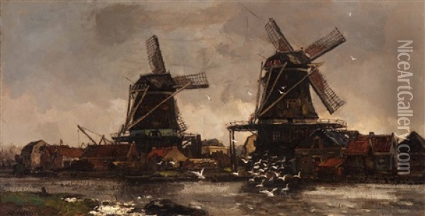View Of Mills On A River Oil Painting - Frans Langeveld