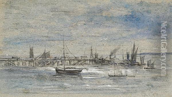 Harbor Scene With Boats By A Pier Oil Painting - David I Cox