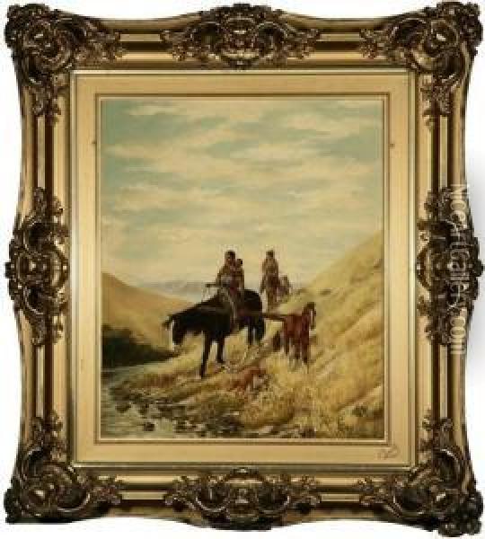 Indians On Horseback Nearing A River Oil Painting - Julius J. Rorphuro