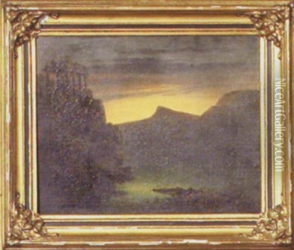Sunset Landscape With Temple Ruins Oil Painting - Edmund C. Coates