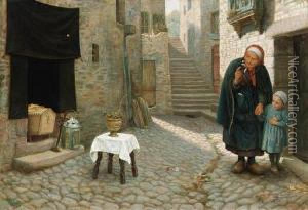 The Old Neighbour Gone Before: A Street Episode In Brittany Oil Painting - Arthur Hughes