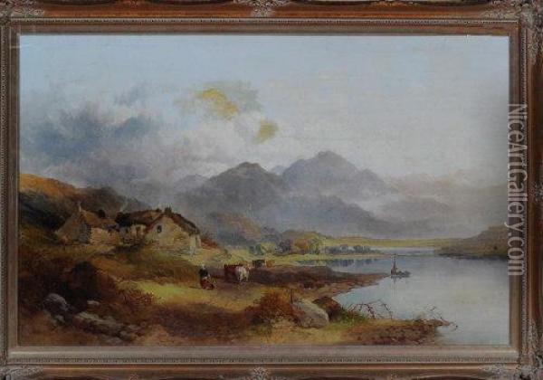 A View In The Highlands With A Female Cowherd And Riverside Cottages Oil Painting - Joseph Horlor