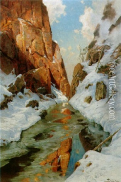 Winterlicher Bergbach In Felsiger Schlucht Oil Painting - Jacques Matthias Schenker