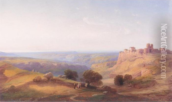 Figures In A Hilly Landscape Near A Town, Turkey Oil Painting - Carlo Bossoli