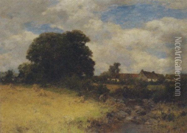 Hayfield By A Village Oil Painting - Alexander Kellock Brown