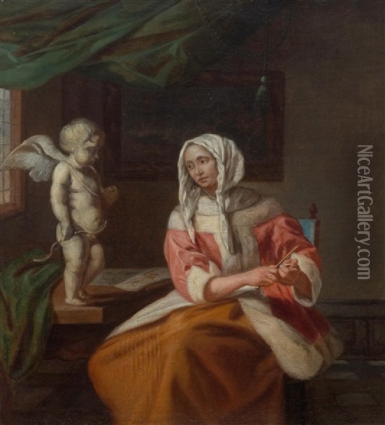 A Noblewoman And A Putto In An Interior Oil Painting - Reinier De La Haye