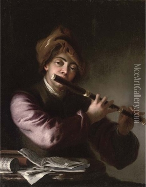 A Man Playing The Flute By A Table With Sheet Music Oil Painting - Johann (Jan) Kupetzki