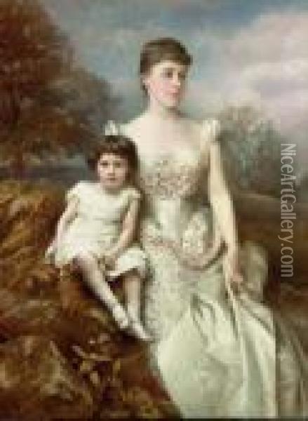 Portrait Of Mrs. Drury Percy Wormald And Her Son In An Autumnal Landscape Oil Painting - Edward Hughes