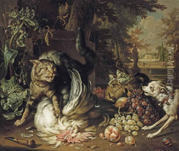 A Cat Protecting Game From A Dog In A Landscape Oil Painting - Dirk Valkenburg