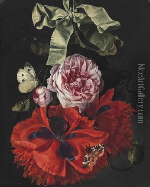 Roses And Carnations Hanging From A Green Ribbon With A Moth And A Butterfly Oil Painting - Maria van Oosterwyck