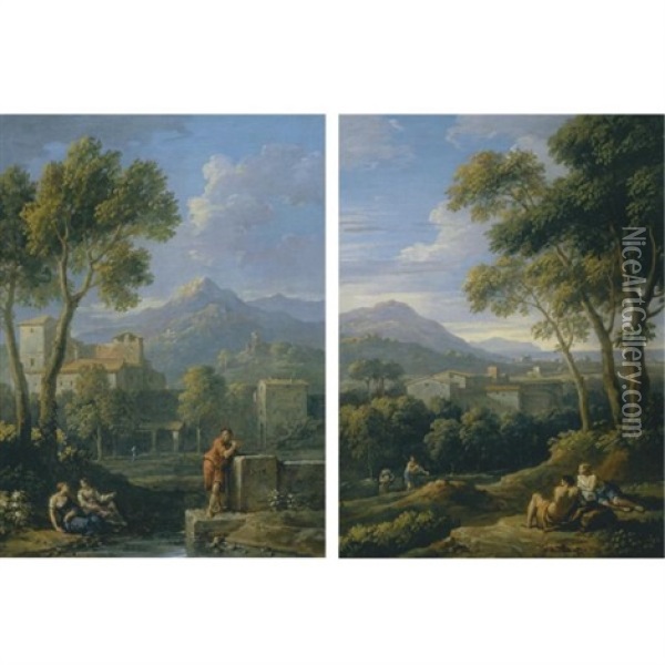 An Italianate Landscape With Two Women Reclining By A Stream And A Man Leaning Against A Block Of Stone Before A Hilltop Town (+ An Italianate Landscape With Reclining Classical Figures Before A Hillt Oil Painting - Jan Frans van Bloemen