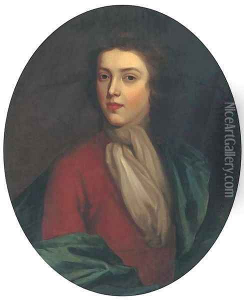 Portrait of a gentleman, bust-length, in a brown coat and blue wrap Oil Painting - Sir Godfrey Kneller