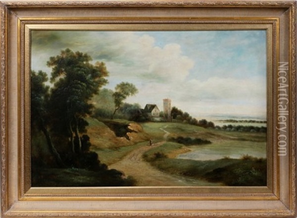 Coastal Landscape With A Home And Watchtower And A Woman Walking On A Winding Road Oil Painting - Edmund Darch Lewis