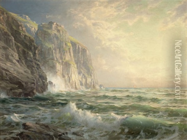 Rocky Cliff With Stormy Sea, Cornwall Oil Painting - William Trost Richards