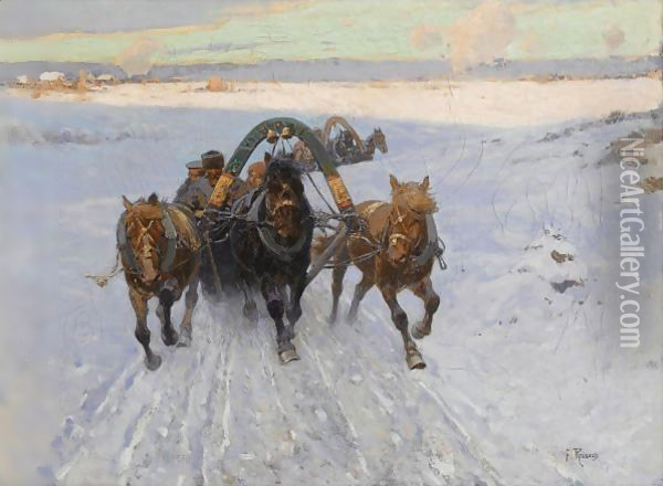 Troika Racing Through The Snow Oil Painting - Franz Roubaud