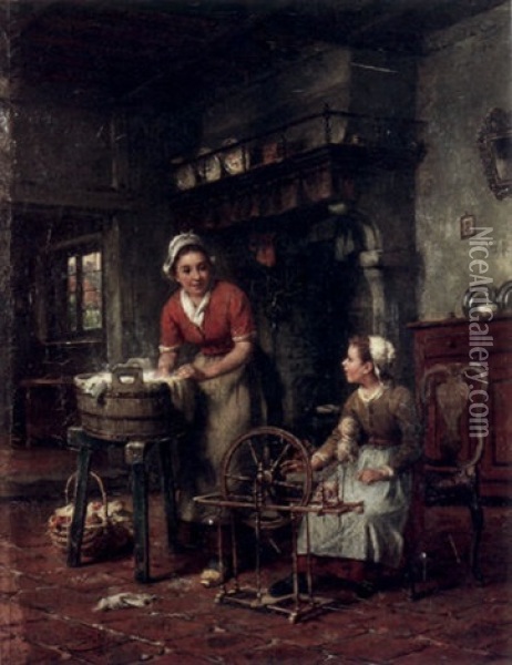 Grandmother's Spinning Wheel Oil Painting - Charles Petit